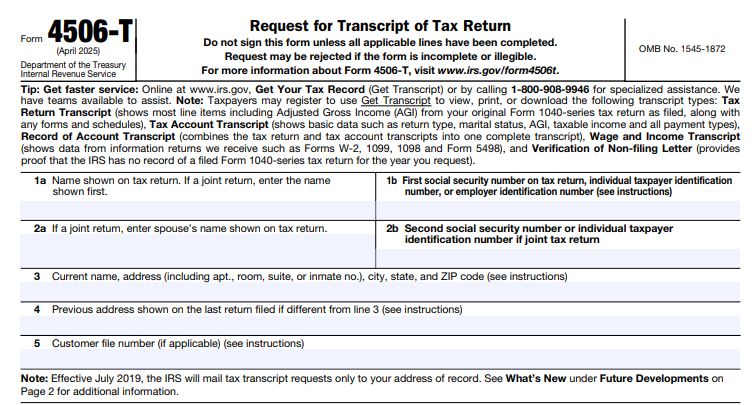 IRS Form 4506-T - Request for Transcript of Tax Return