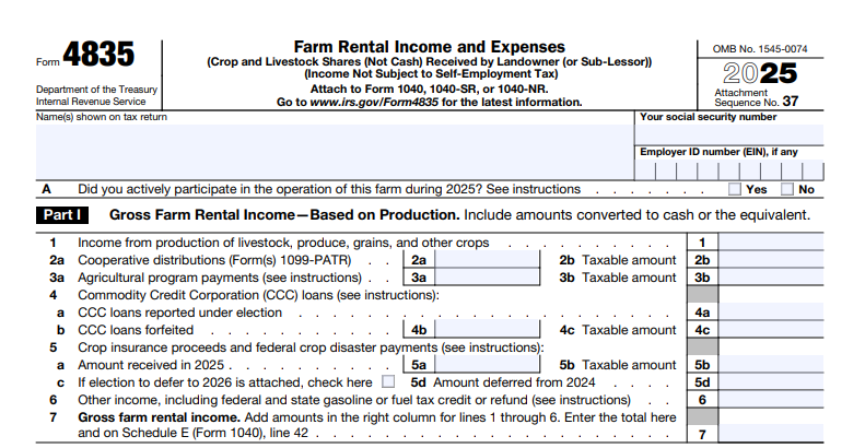 IRS Form 4835 - Farm Rental Income and Expenses