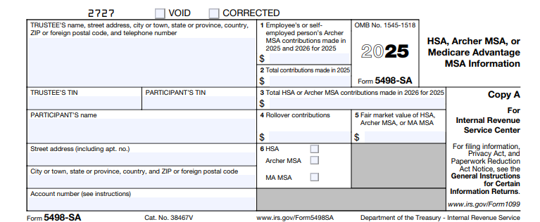 IRS Form 5498-SA - HSA, Archer MSA, or Medicare Advantage MSA Information