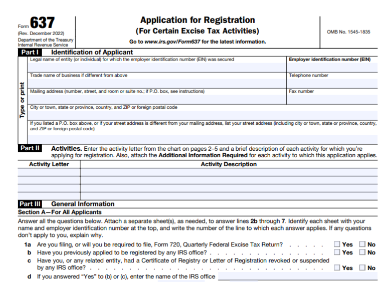 IRS Form 637 - Application for Registration (For Certain Excise Tax ...