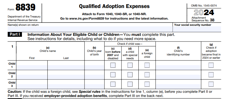 IRS Form 8839 - Qualified Adoption Expenses