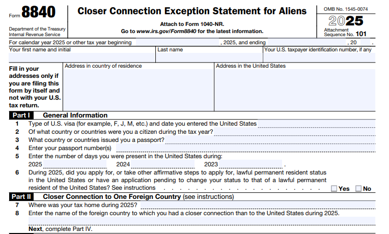 IRS Form 8840 - Closer Connection Exception Statement for Aliens