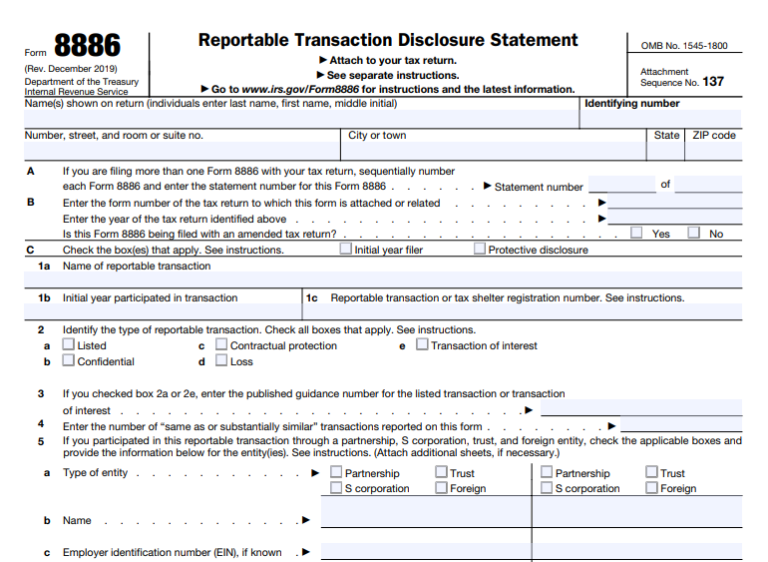 Large Reportable Transaction IRS Form 8886 - Reportable Transaction Disclosure Statement
