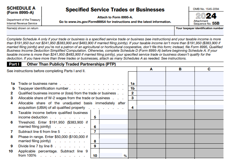IRS Form 8995-A (Schedule A) - Specified Service Trades or Businesses