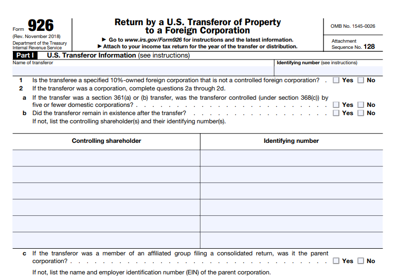 IRS Form 926 - Return by a U.S. Transferor of Property to a Foreign Corporation