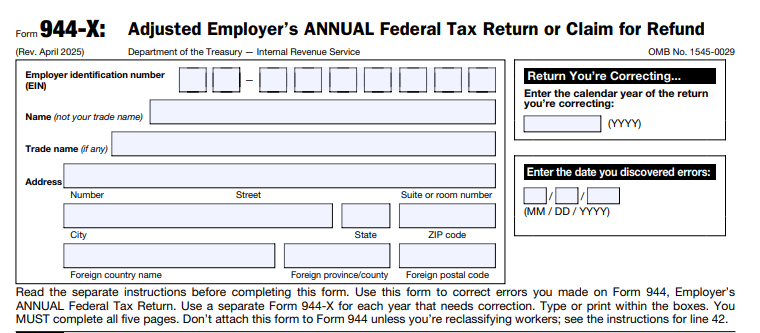 IRS Form 944-X - Adjusted Employer's Annual Federal Tax Return or Claim for Refund