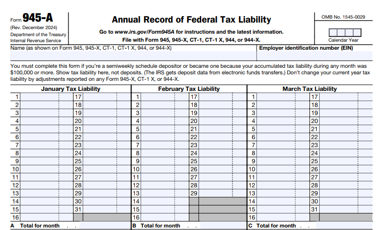 IRS Form 945-A - Annual Record of Federal Tax Liability