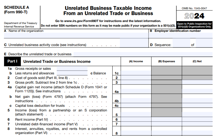 IRS Form 990-T (Schedule A) - Unrelated Business Taxable Income From an Unrelated Trade or Business