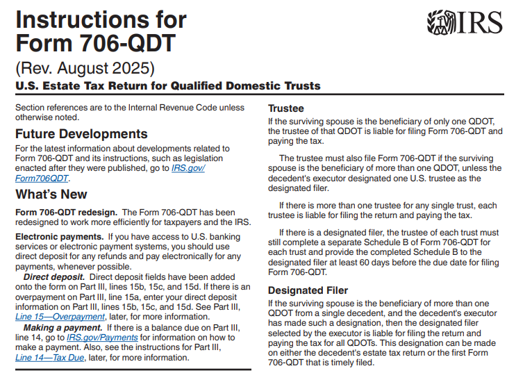 IRS Instruction 706-QDT - Instructions for Form 706-QDT, U.S. Estate Tax Return for Qualified Domestic Trusts